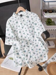 Men's New Spring/Summer Short Sleeve Blue Ditsy Floral White Shirt, Pastoral Style Gentleman Shirt For Everyday Wear, Family Matching Outfits Mommy And Me (3 Pieces Are Sold Separately)