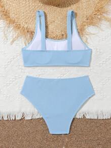 Conjunto de biquíni com gola redonda de cor sólida para meninas adolescentes, roupa de banho para a praia, férias de verão