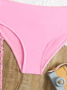 SHEIN Tween Girl 纯色镂空比基尼泳装，带罩衫，海滩度假 - 淺粉色 - 查看 5