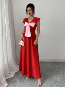 Elenzga Women's Elegant V-Neck Long Dress With Ruffle Trim And Bow Decor - Red - View 5