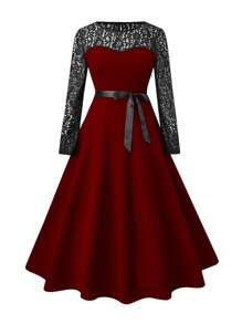 SHEIN Clasi Vintage Lace Patchwork Flare Party Dress, New Sexy Retro Long Sleeve Lace Splicing Flare Dress, Round Neck Long Sleeve Solid Color Flare Lace-Up Waist Dress, Red Dress