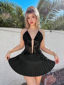 EgrlEra Women's Sexy Lace Floral Backless Halter Top, Tropical Vacation Woman Clothes, Beachwear - Black - View 4