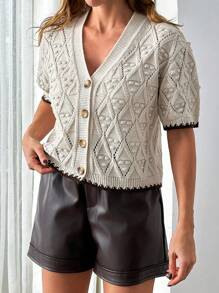 EURMUSE Women Contrast Trim V-Neck Front Tie Pom Pom Detailed Short Sleeve Cardigan Button Up Cardigan Fall Country Women Clothes Back To School,Long Cardigans Woman,Petite Cardigans,Cardigans - Beige - View 4