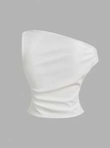 SHEIN Essnce Top de cuero casual de moda para mujer, estilo callejero de los 90, de unicolor, con cuello plisado de PU, sin mangas, apropiado para salir y fiestas, para primavera y otoño