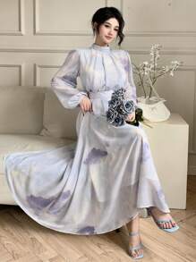 DAZY 女式中长款碎花度假连衣裙，春秋季优雅长袖连衣裙