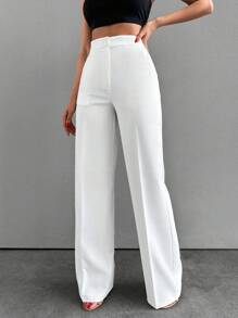 EURMUSE Women's Solid Color Pleated Slant Pocket Straight-Leg Daily Commute Trousers - White - View 4