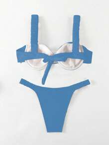 SHEIN Swim 女士纯色褶皱性感比基尼泳装套装，夏季海滩 - 藍色 - 查看 4