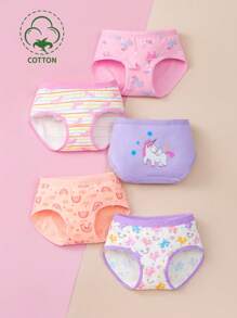 5pcs/Set Girls' Cartoon Unicorn Print Briefs - Multicolor - View 1