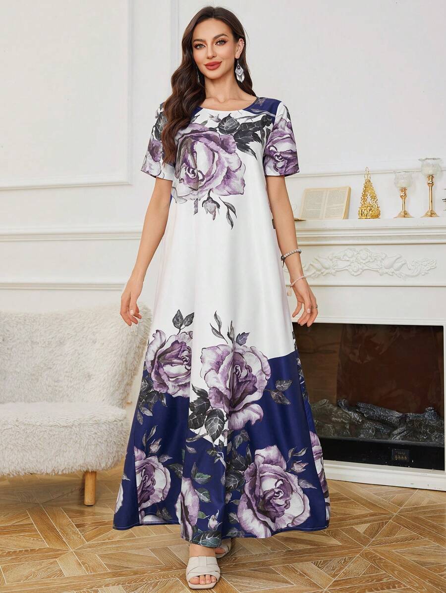 Lacomfia Đầm midi cổ tròn tay ngắn in hoa phong cách Ả Rập cho nữ - Màu xanh lam - Xem 1