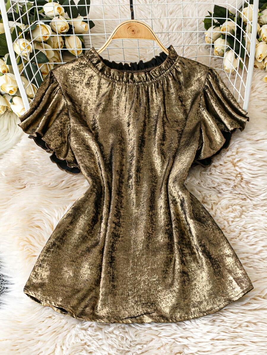 Chiquease Blusa de mujer con puños y cuello de volantes con detalle de recogido en tela de lámina - Negro - Ver 1