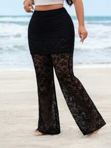 SHEIN VCAY Plus Size Sexy Doorschijnende Kanten Uitlopende Broek