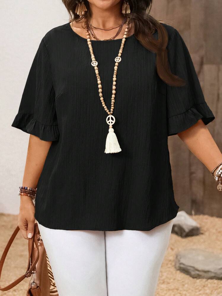 Rusticease Plus Size Blouse Leaf Hem Short Sleeves Simple Fashion Casual Everyday Vacation Western Wear Women Summer For Women Beach Ruffle - Black - View 3