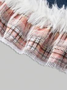 ROMWE Kawaii Cute Y2K Style Plaid & Lace Patchwork Ultra-Short Mini Denim Skirt For Women - Multicolor - View 4