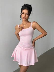 Calvaya Pink Spaghetti Strap Waist Ruffle Short Sports Dress For Women