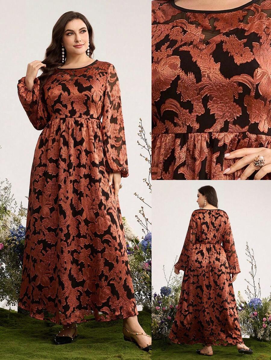 Graceveil Elegant High-End Jacquard Pattern Waist Fit And Flare Dress For Plus Size Ladies, Random Floral Design - Burnt Orange - View 1