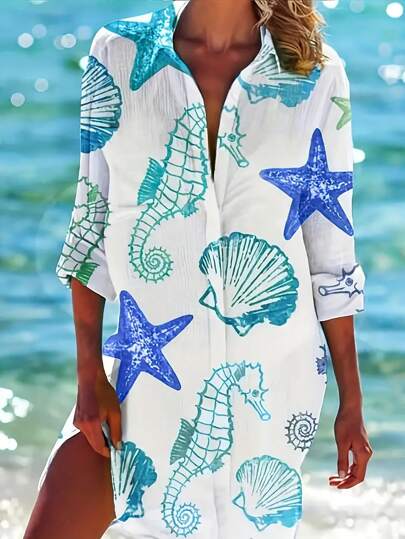 Women Casual Midi Dress With Full-Printing And Front Button Detail, Suitable For Vacation Fall Cloth For Women