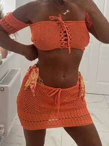 INAWLY 2pcs Women Summer Off-Shoulder Lace-Up Cropped Knit Top & Mini Skirt Set - Orange - View 3