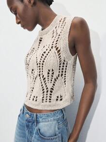 Maija 女士纯色无袖镂空针织上衣，适合圣帕特里克节、春假、复活节 - 杏色 - 查看 1