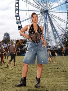 SHEIN ICON Pantalones cortos vaqueros de cintura alta con piernas anchas y adornados con diamantes de imitación para tallas grandes - Azul - Ver 4