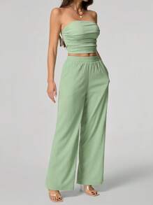 SHEIN Tall Ladies" Solid Color Textured Fabric Strapless Top And Pants Set For Summer