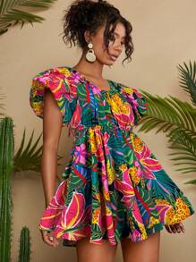 Travachic Summer Beach Woman Tropical Print Butterfly Sleeve Dress - Navy Blue - View 2
