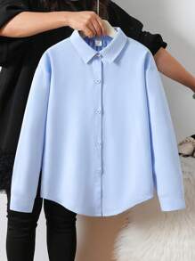 SHEIN Blusa de manga larga marfil para niña preadolescente con diseño plisado de espalda cruzada, elegante - Azul - Ver 5