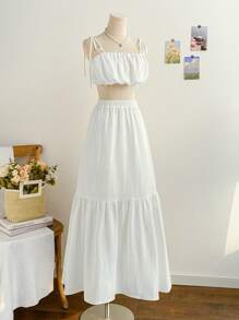 Soleia 2 件套女士休闲纯色短款吊带背心和长裙，适合度假 - 白色 - 查看 1