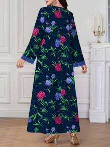 Al Najma Women's Arabic Print V-Neck Long Printed Jalabiya Dress With Long Sleeve, For Festival, Modest Full Length Dresses, Kaftan - Navy Blue - View 2