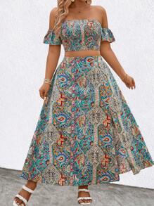 SHEIN Clasi 大码女式休闲度假荷叶边两件套 - 彩色 - 查看 4