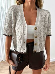 EURMUSE Women Contrast Trim V-Neck Front Tie Pom Pom Detailed Short Sleeve Cardigan Button Up Cardigan Fall Country Women Clothes Back To School,Long Cardigans Woman,Petite Cardigans,Cardigans - Beige - View 6