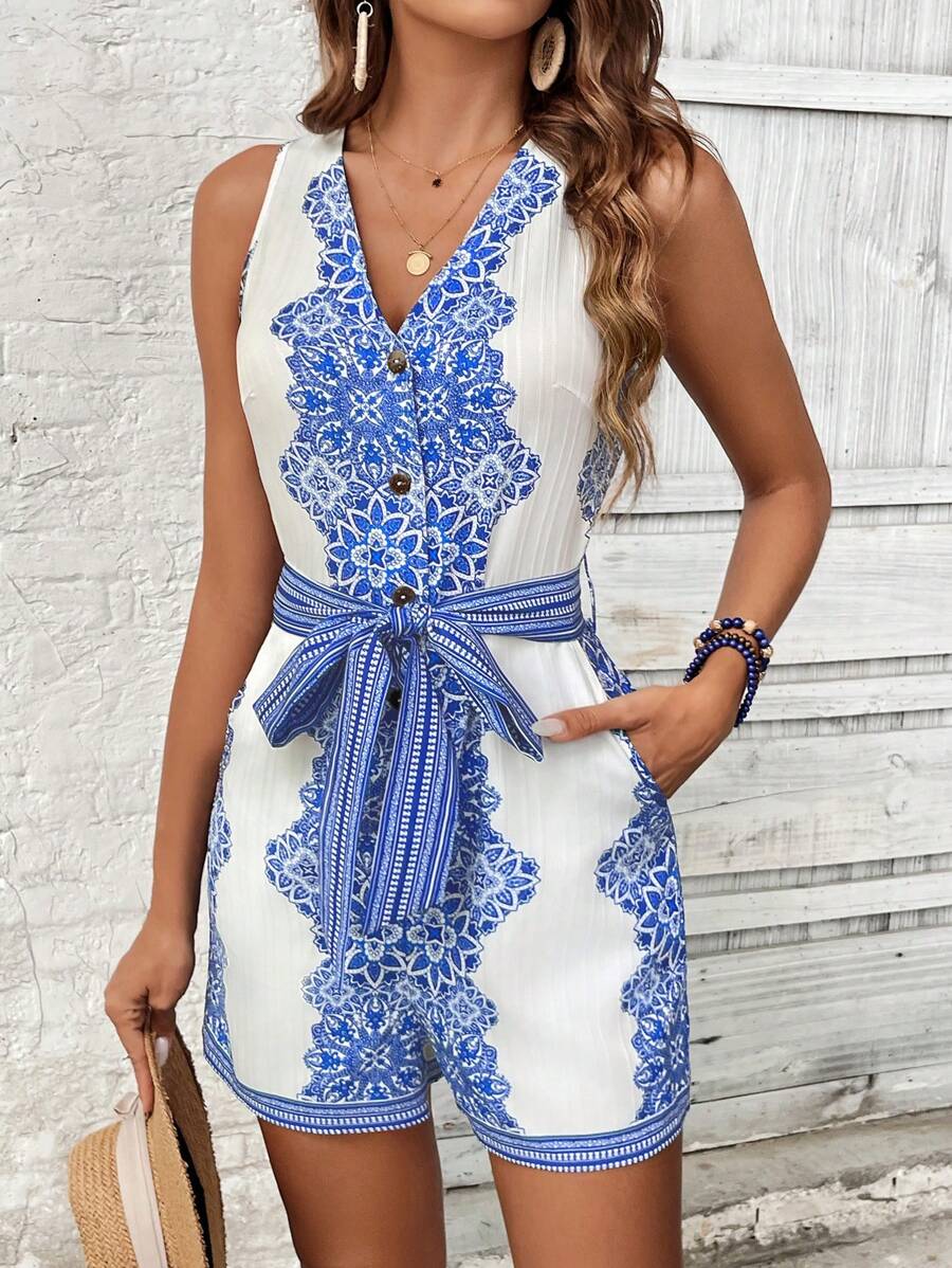 SHEIN Clasi Women's Floral Print Sleeveless Button Up Pocketed Jumpsuit For Vacation - Baby Blue - View 1