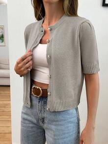 EURMUSE Gold Button Short Sleeve Elegant Cardigan - Beige - View 5