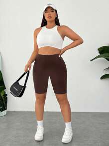 SHEIN EZwear Pantaloncini corti aderenti di taglia comoda di colore marrone cioccolato, minimalisti e alla moda, adatti per l'estate - Marrone Cioccolato - Visualizzare 6