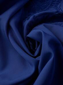 Plus Size Women 3/4 Sleeve Floral Embroidered Front Opening Half Placket Blouse - Navy Blue - View 3