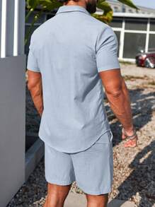 Manfinity Homme 男士简约时尚短袖T恤短裤套装，适合夏季男士夏装夏季度假装男装男士休闲夏装 - 藍色 - 查看 2