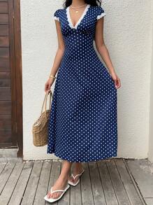 Sunnyshic Váy midi chữ A tay bồng cổ chữ V họa tiết chấm bi xanh navy và trắng có trang trí hoa ren trắng, thiết kế tối giản thanh lịch cho kỳ nghỉ thường ngày dành cho phụ nữ, mùa xuân/hè - Màu xanh hải quân - Xem 5