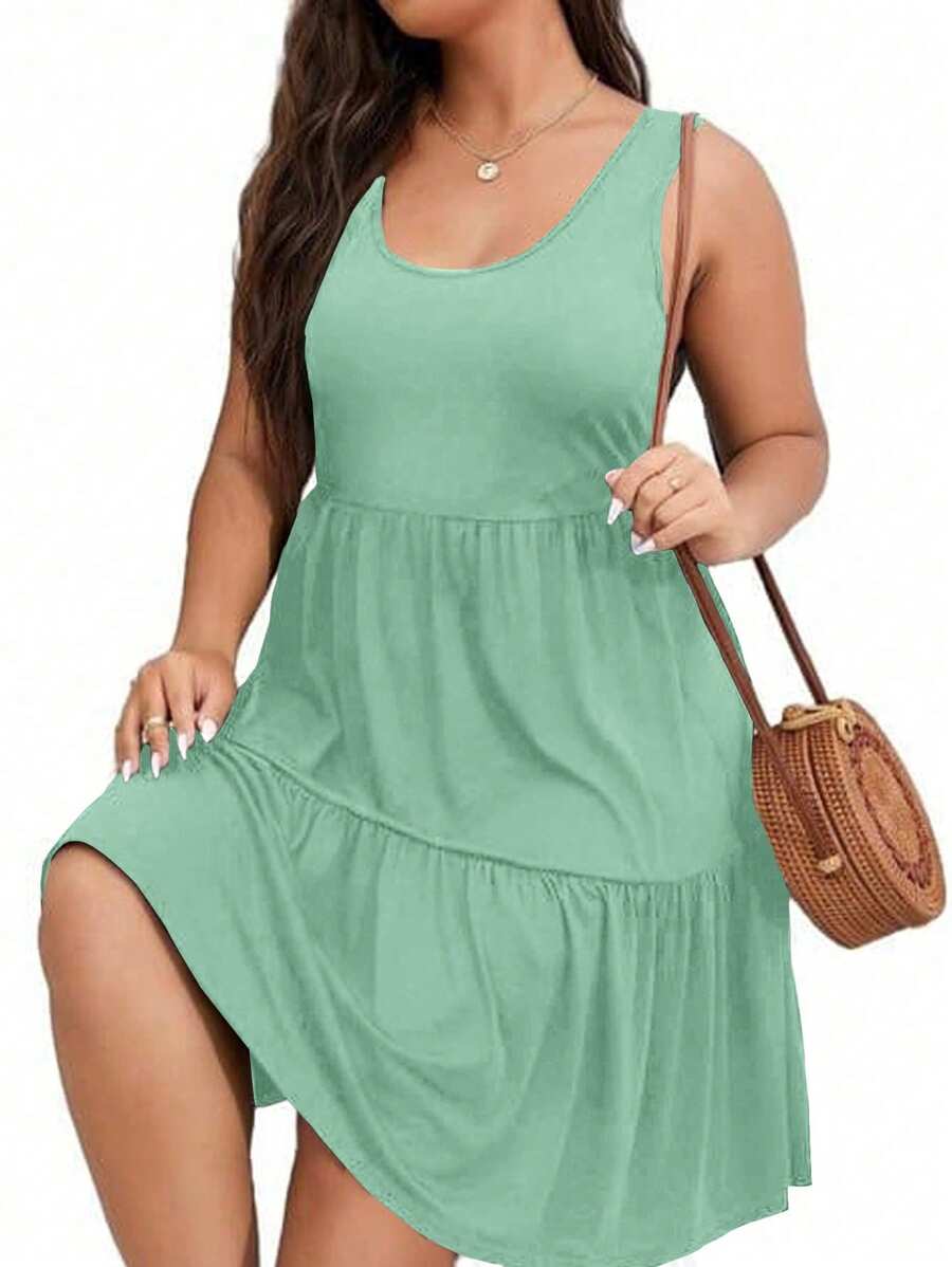 SHEIN LUNE Plus Size Solid Color Sleeveless Casual Vacation Dress - Mint Green - View 1