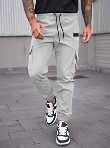 Manfinity Homme 男士成熟休闲工装裤，松紧腰带和袖口，纯色腰带宽松绳紧身裤，适合日常户外徒步旅行，适合朋友、丈夫、男朋友的礼物