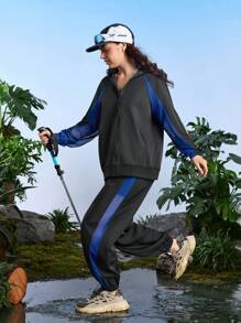 In My Nature Women's Contrast Color Raglan Sleeve Zip-Up Hoodie Jacket And Relaxed Pants Outdoor Suit Set Hiking Women Clothes - Black - View 7