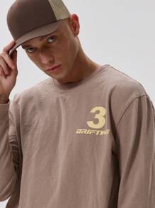 Musero Round Neck Graphic Print Slogan Long Sleeved Top - Khaki - View 5