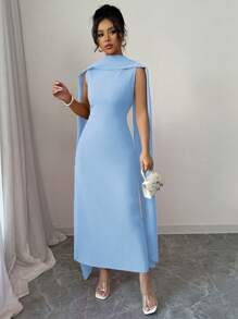 Elenzga 女士通勤简约纯色拼布缎带装饰无袖优雅连衣裙 - 藍色 - 查看 6