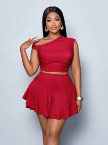 SOLERSUN Bộ đồ đôi Maweii Plus Size hở vai và quần culot bất đối xứng cho nữ ngày lễ tình nhân thường ngày hẹn hò tiệc hòa nhạc năm mới mùa xuân hè mùa tốt nghiệp trang phục mùa hè xanh cho nữ ngày lễ thánh Patrick - Đỏ - Xem 6