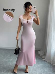 Elenzga Women's Woven Regular Elegant Summer Long Dress - Pink - View 1