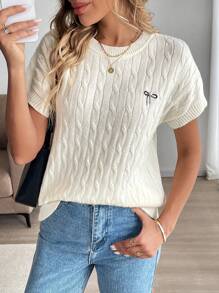 SHEIN LUNE Blusas holgadas de punto de manga corta con bordado, de color liso y casual, para uso diario en primavera y verano