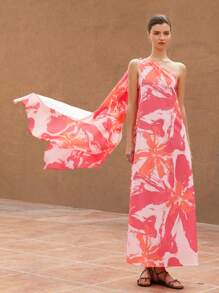 GENKIRA Vestido de línea A sin mangas con estampado floral de efecto de pincelada de óleo romántico y elegante para mujeres, estilo bohemio de vacaciones, estampado total de moda para el verano - Multicolor - Ver 3