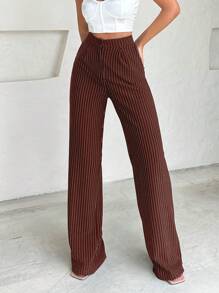 SHEIN Cottnline Fashionable Striped High-Waisted Straight-Leg Pants - Brown - View 3