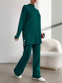 EURMUSE 2pcs Women Winter Casual Solid Color Drop Shoulder Sweater And Ankle Length Pants Set - Dark Green - View 4