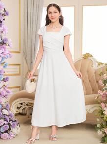 Váy midi xếp nếp cổ vuông tối giản màu trắng thanh lịch cho bé gái tuổi teen, mùa hè - trắng - Xem 5
