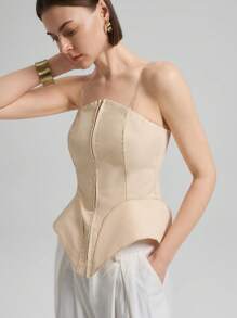 Ontre 女式橄榄绿色新年设计师风格简约弧形花瓣下摆衬衫 - 杏色 - 查看 1