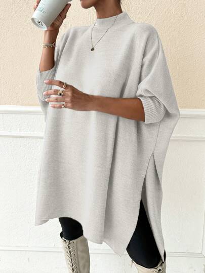 EURMUSE Women Solid Color Mock Neck Half Sleeve Oversize Pullover